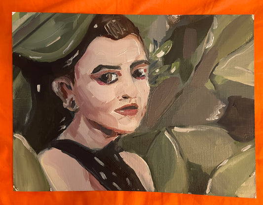 GIRL IN GREEN OIL ON PAPER